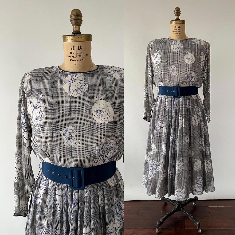 Vintage 1980s Navy Blue Floral Rose Print Silk Full Skirt Belted Midi Dress M